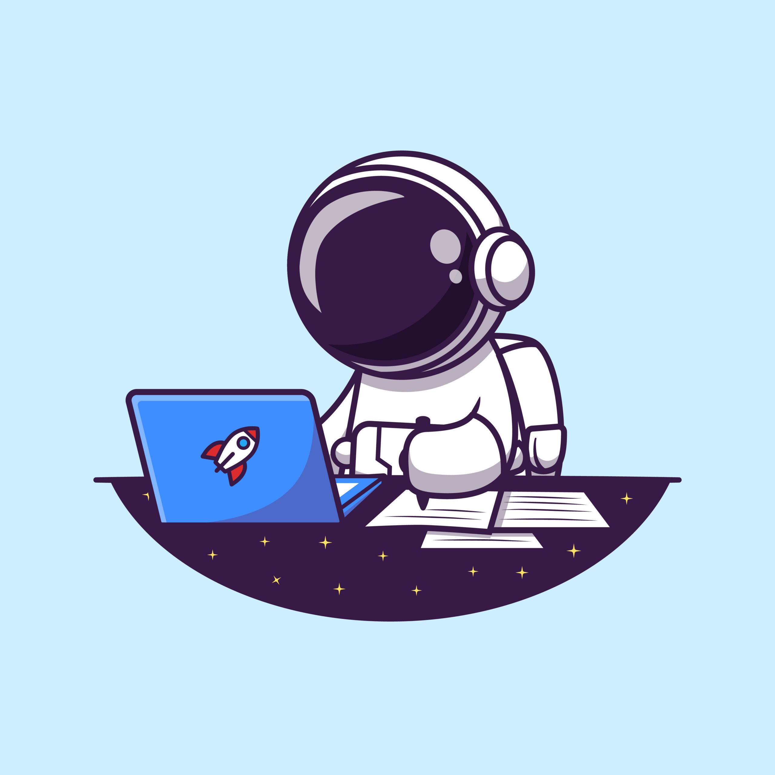 cartoon astronaut working on laptop